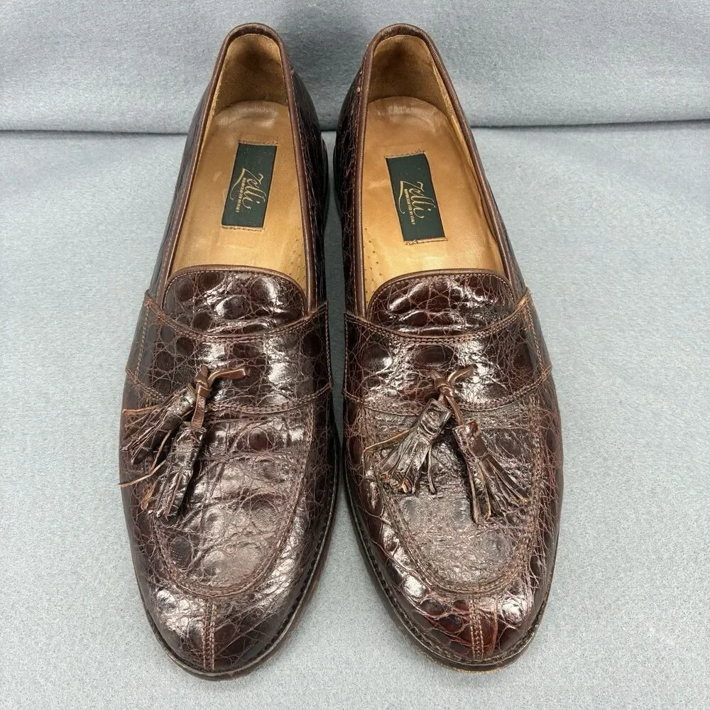 Zelli Genuine Crocodile Tassel Loafers Men’s 9.5M Brown Handmade Italy
